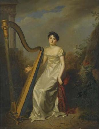 Firmin Massot Portrait of a lady, wearing a white dress and seated beside a harp a landscape beyond Spain oil painting art